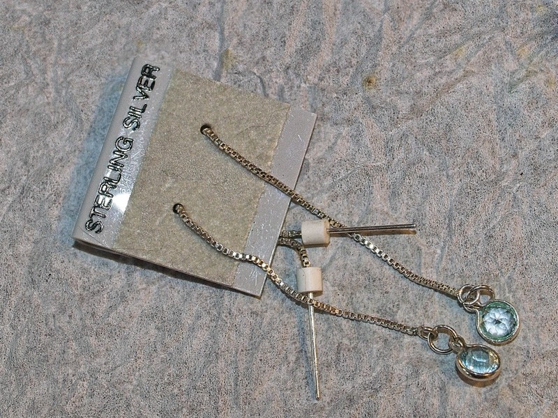 picture of sky blue topaz and sterling box chain threader earrings