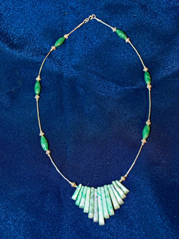 amazonite fan and beads on cable with tiny silver tube beads called "liquid silver"