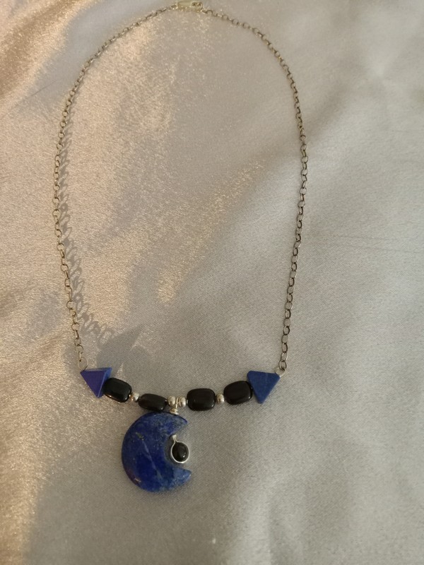 picture of sterling chain necklace with lapis lazuli crescent moon and black onyx centerpiece