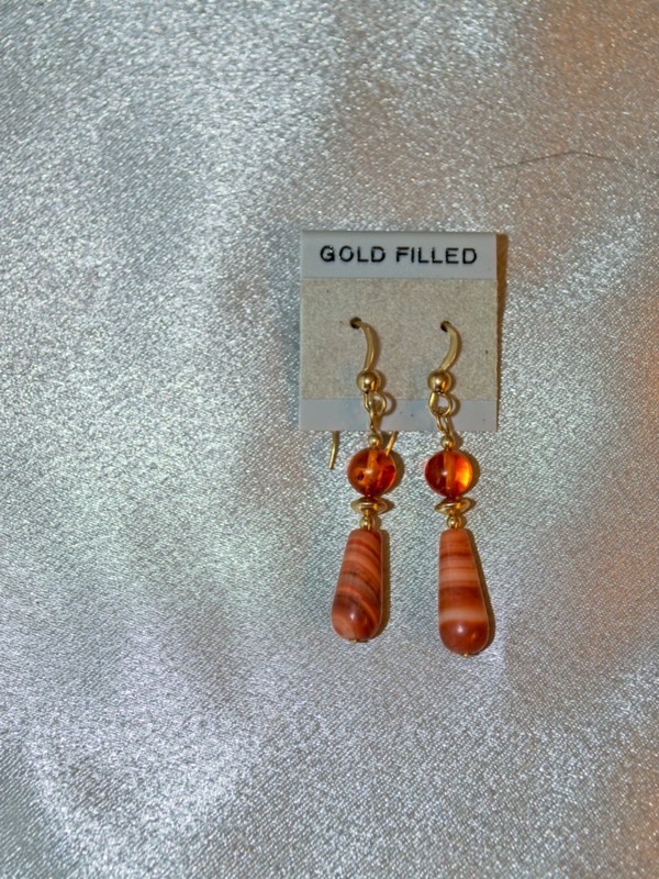 image of banded red jasper, amber, and gold-filled earrings