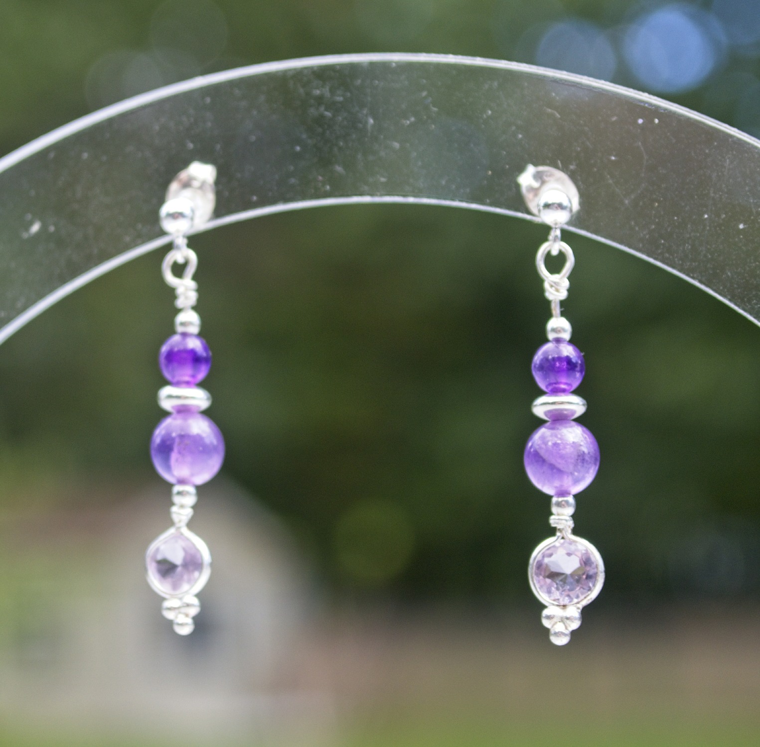 img of silver drop earrings with round amethys beads