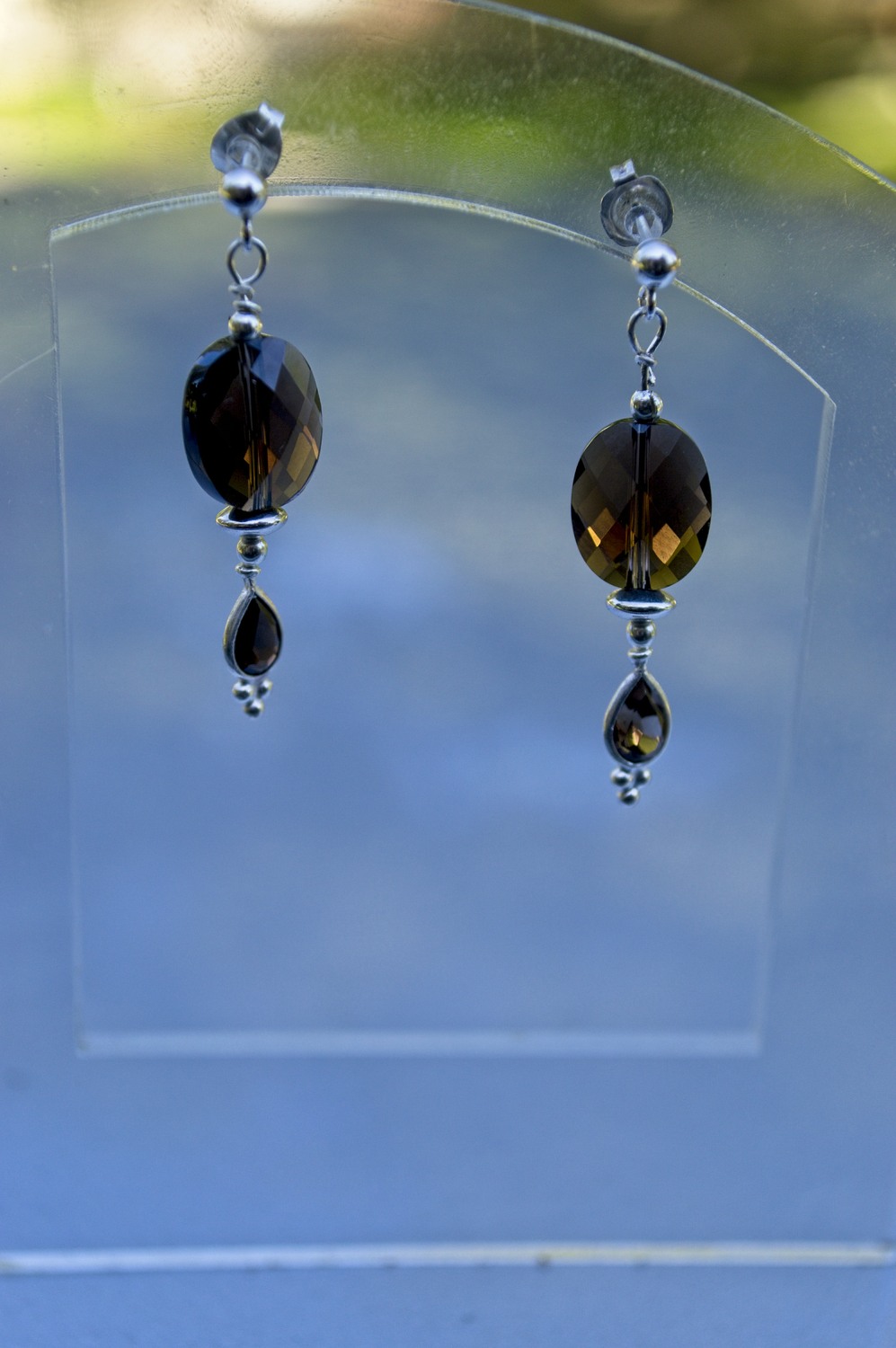 image of shorter silver and smokey quartz earrings