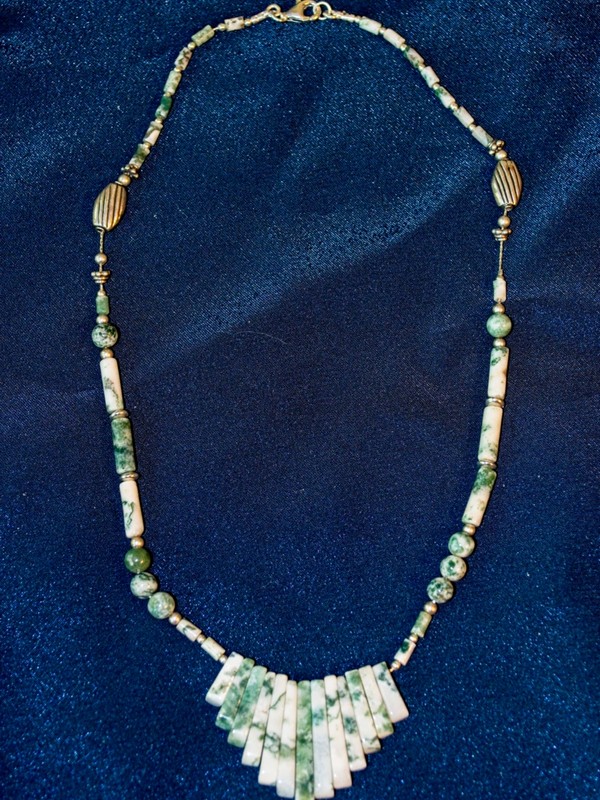 image of moss agate fan strung on sterling beading chain
