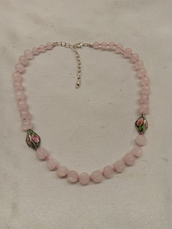 image of adjustable choker length necklace of rose quartz set off by unusual triangular shaped cloisonne beads