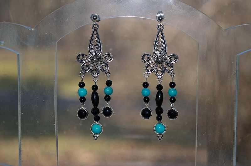 picture of fancy sterling filigree earrings featuring turquois and black onyx